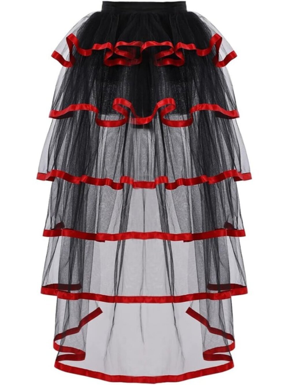 Women's Red Trim Steampunk Bustle 6 Layered Tie On Belt Tulle Tutu Over Skirt